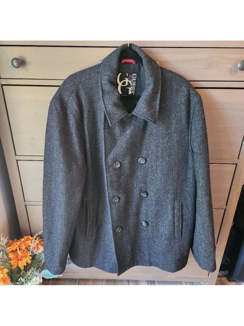 GUESS Men’s Wool Blend Peacoat XXL – Gray Herringbone, Double Breasted, Classic